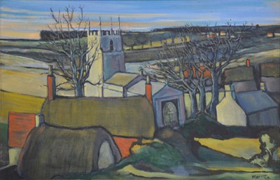 Lot 385 - Robert Mercer, two oils, and a watercolour of a church.