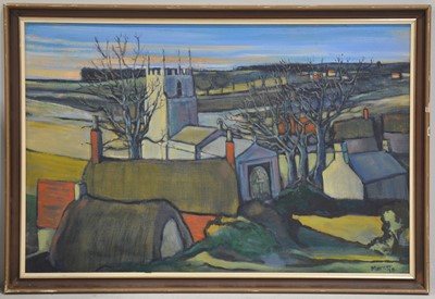 Lot 385 - Robert Mercer, two oils, and a watercolour of a church.