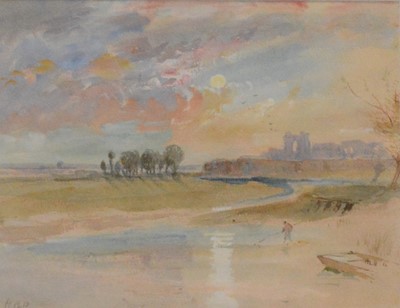 Lot 290 - Attributed to Hercules Brabazon Brabazon,  Ruin and fisherman by a river.