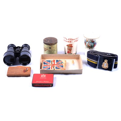 Lot 141 - Military interest: World War I painted biscuit, World War I period Union Flag, binoculars, etc.