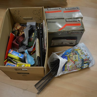 Lot 119 - A box containing OO gauge track, trackside accessories, controllers, etc.