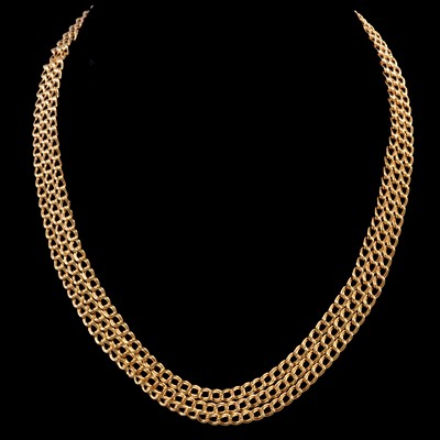 Lot 218 - A modern 9 carat yellow gold flexible linked necklace.