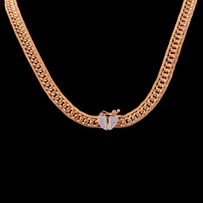 Lot 212 - A modern 9 carat yellow gold flexible linked necklace with diamond clasp.