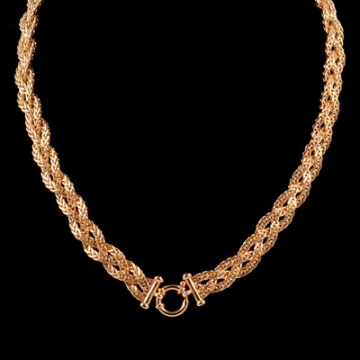 Lot 217 - A modern 9 carat yellow gold flexible plaited necklace.