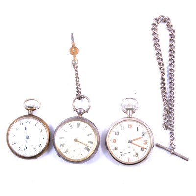 Lot 369 - Three open face pocket watches and part of a silver Albert watch chain.