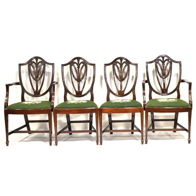 Lot 281 - Regency style mahogany twin pedestal dining table, set of eight shield back chairs and a modern carver chair