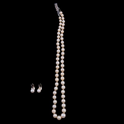 Lot 290 - A cultured pearl necklace with diamond clasp, pair of pearl earrings.