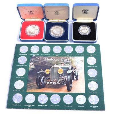 Lot 502 - Three silver commemorative coins, Victoria and later coins and banknotes, Shell Historic car medals.