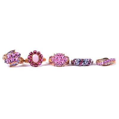 Lot 19 - Five gemset dress rings, pink sapphire and others.