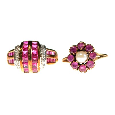 Lot 14 - An Art Deco style ruby and diamond ring, and a ruby and cultured pearl ring.