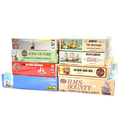 Lot 138 - Seven Airfix Age of Sail model ship kits, with Heller 'LA Sirene' kit, boxed