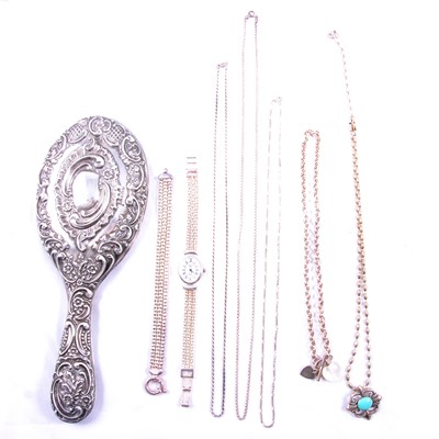 Lot 168 - A collection of silver and white metal jewellery, silver-backed hand mirror