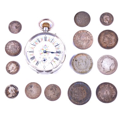 Lot 187 - Continental silver pocket watch, small quantity of coins