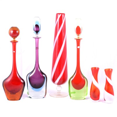 Lot 19 - Three Murano glass bottles with stoppers, and three Italian glass vases
