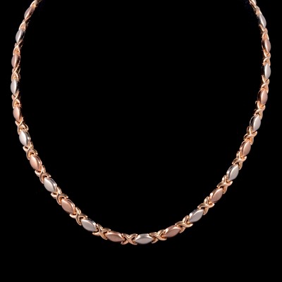 Lot 215 - A modern 9 carat gold multi-colour gold necklace and a 9 carat rose gold chain necklace.