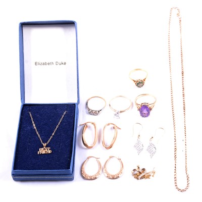 Lot 144 - A collection of gold jewellery, four rings. two pairs of earrings, chain and pendants.