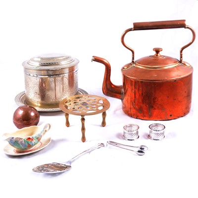 Lot 147 - Victorian copper kettle, silver-plated biscuit box, etc,m