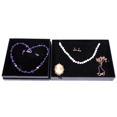 Lot 198 - An amethyst necklace and earrings, freshwater and cultured pearls, and costume jewellery.