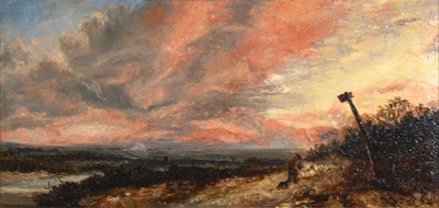 Lot 298 - G E Daintree, Shepherd and flock at sunset.