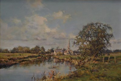 Lot 238 - David Hyde, Country landscape with church and cottages