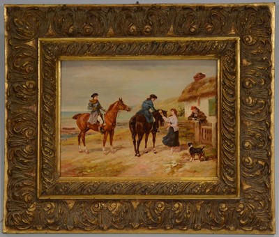 Lot 308 - Johnny Gooton, Horseriders by a seaside cottage