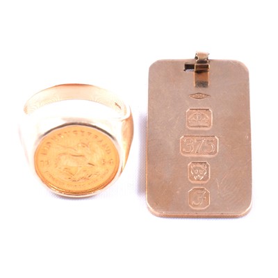 Lot 103 - A Gold 1/10 Krugerrand Coin ring and a 9 carat gold ingot pendant.