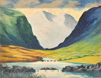 Lot 255 - PJ Coughlan, Mountain and river landscape.