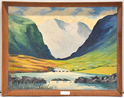 Lot 255 - PJ Coughlan, Mountain and river landscape.