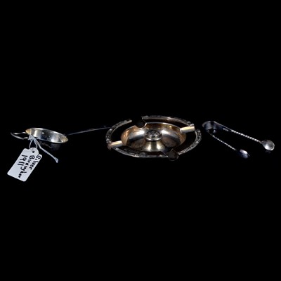 Lot 240 - Silver ashtray, strainer and sugar tongs