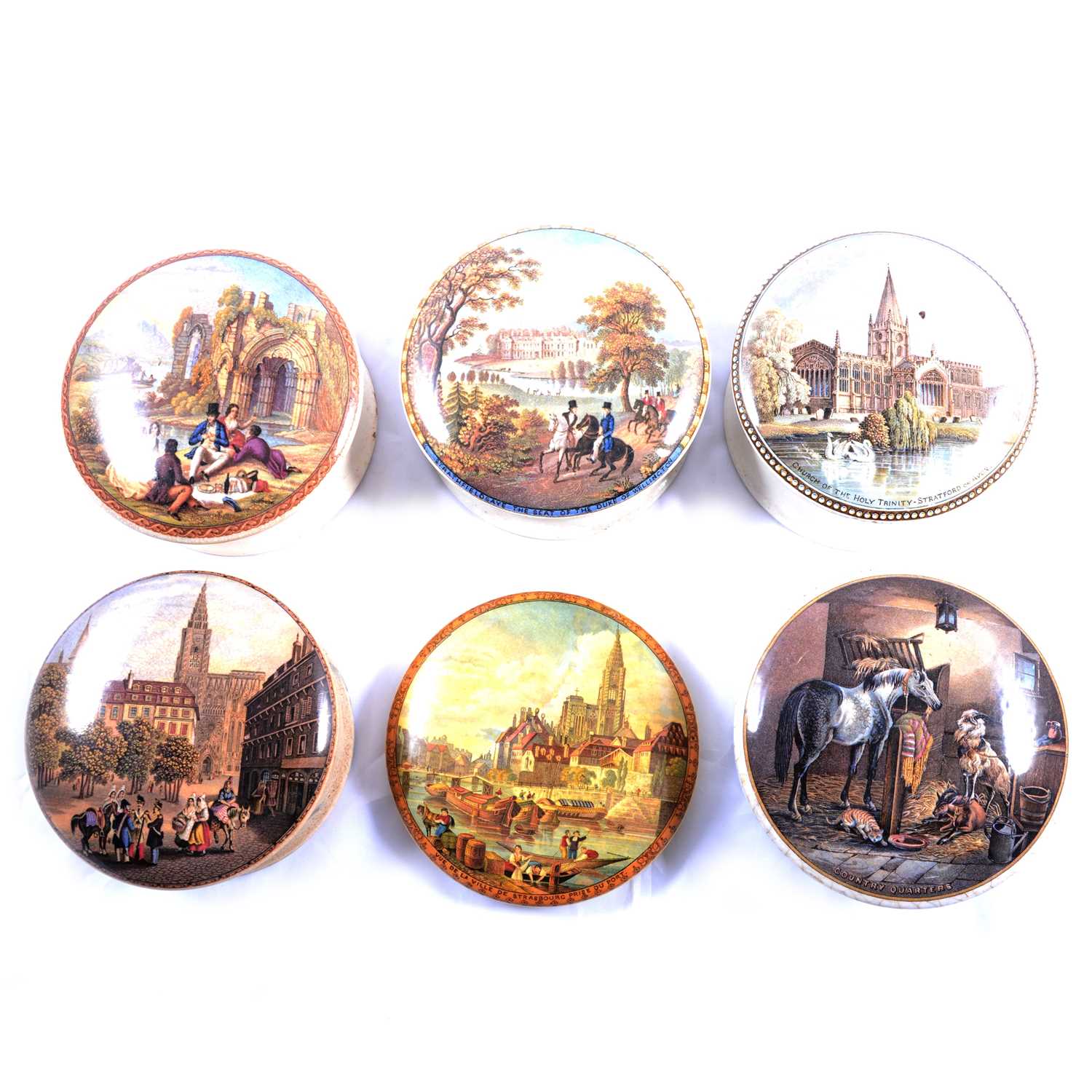 Lot 41 - Six Prattware pot lids, five with bases