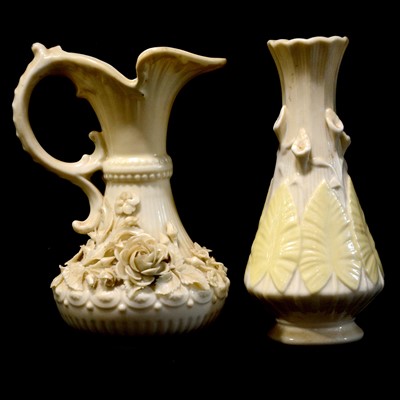 Lot 52 - Belleek jug, vase, salt, Mdina scent bottle, paperweight, and other glass and ceramics.