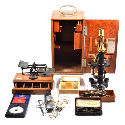 Lot 165 - Voigtlaender Braunschweig microscope, postal scales, Halden Calculex and vintage spectacles.