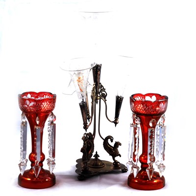 Lot 39 - Pair of ruby glass lustres and an epergne