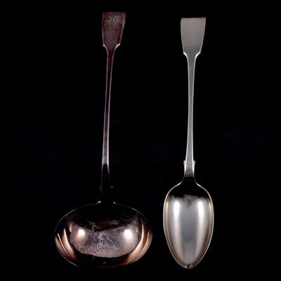 Lot 224 - George IV silver ladle, Richard Poulden, London 1823, silver-rimmed decanter and plated ladle.