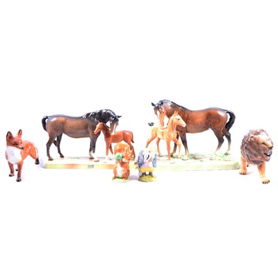 Lot 90 - Two Beswick pottery models, mare and foal, other animals and Beatrix Potter models