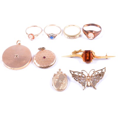 Lot 140 - Citrine bar brooch, diamond and other rings, gold lockets, butterfly brooch and gold-plated locket.