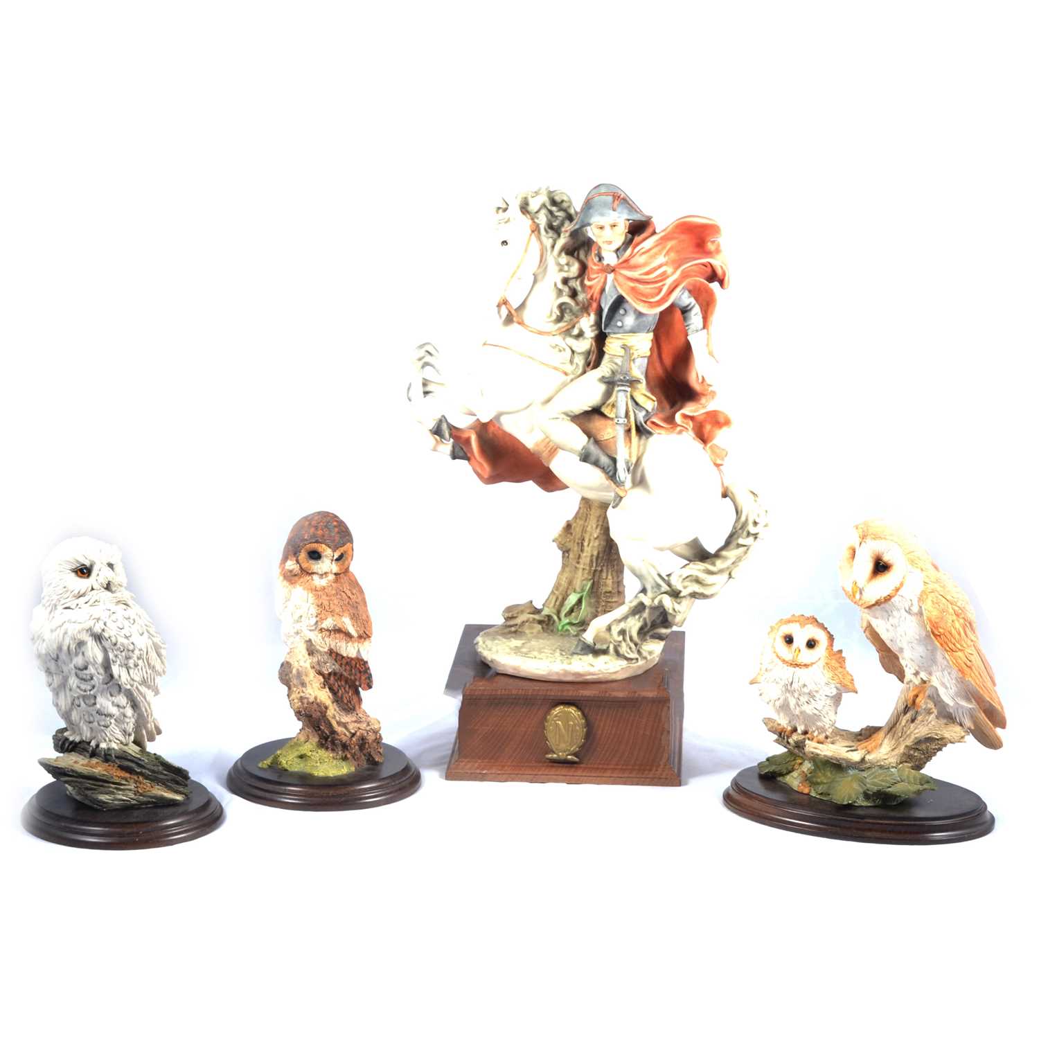 Lot 46 - Large Armani model of Napoleon on horseback, and three owls.
