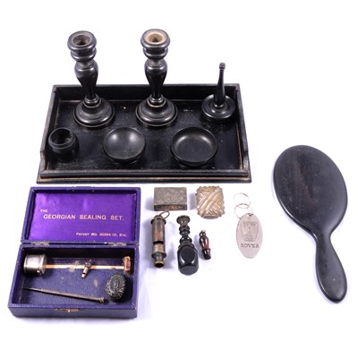 Lot 485 - An ebony dressing table set, whistles, collectables.