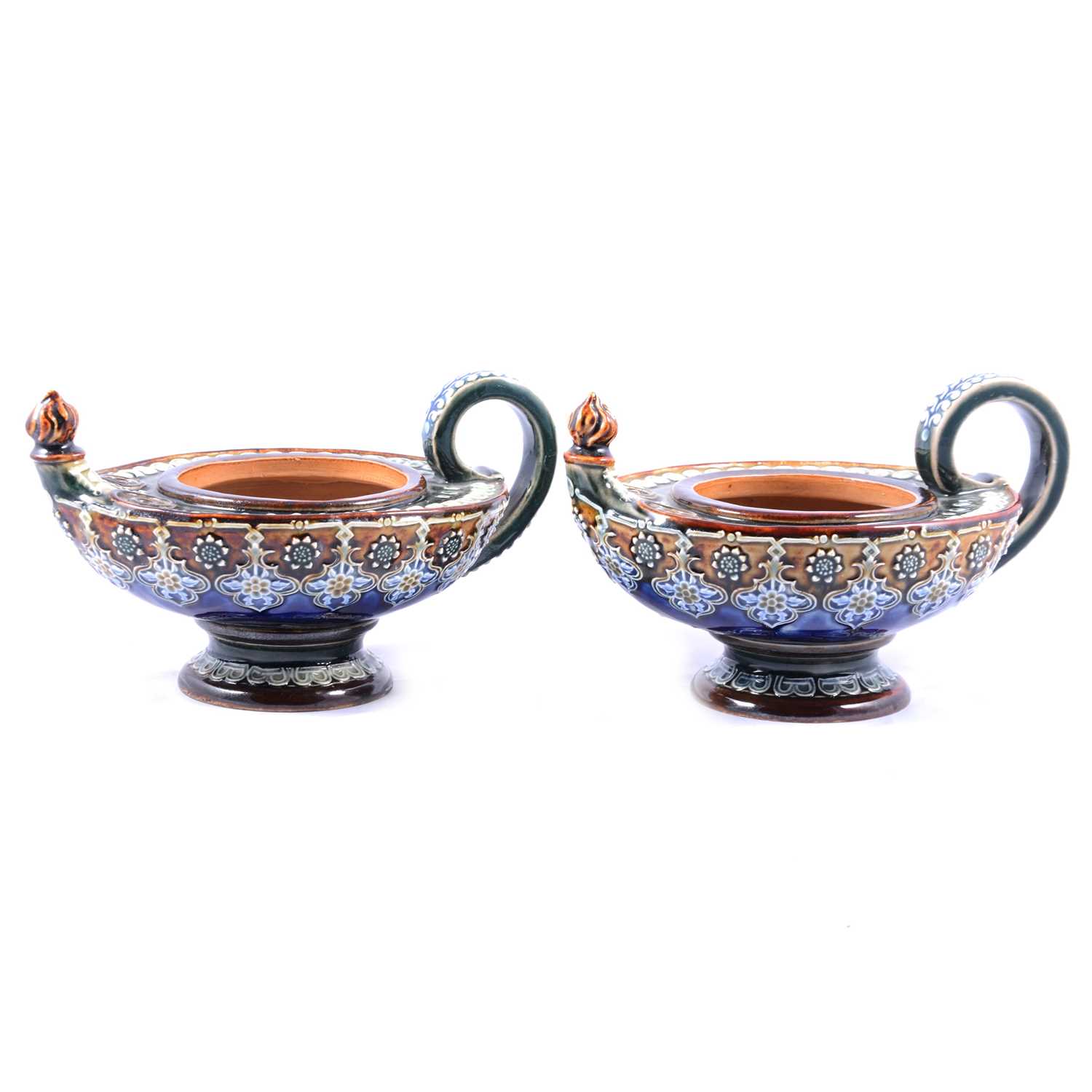 Lot 1 - Two Doulton Lambeth stoneware Aladdin or Fairy lamps