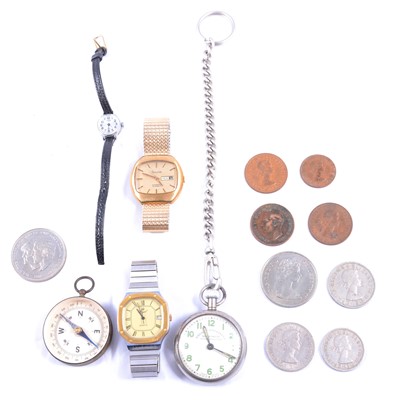 Lot 503 - Wristwatch, compass, pocket watch, collection of British pre-decimal coins