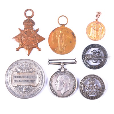 Lot 501 - A yellow metal medallion, WW1 medals, badges and First Prize Medal.