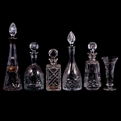 Lot 87 - Crystal decanters, one with silver collar, and other cut glass wares, three silver wine labels.