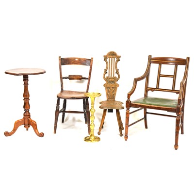 Lot 503 - Edwardian oak elbow chair, kitchen chair, spinning chair, wine table and a candlestick.