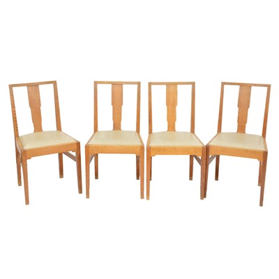 Lot 255 - Set of four Arts & Crafts oak dining chairs, labelled Gordon Russell