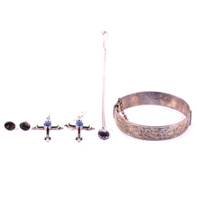 Lot 431 - A silver half hinged bangle, Blue John pendant and earings, pair of cross design earrings.