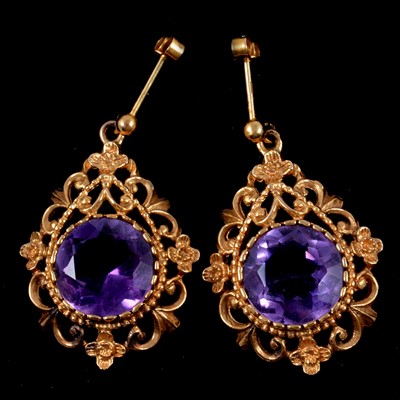 Lot 161 - A pair of 9 carat yellow gold amethyst earrings.