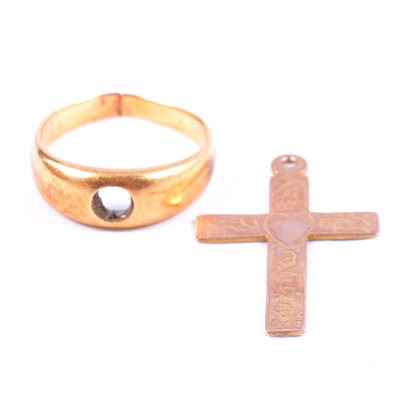 Lot 149 - A gold ring missing a stone and a cross.