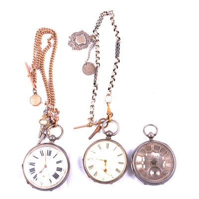 Lot 371 - Three silver open face pocket watches, two albert chains.