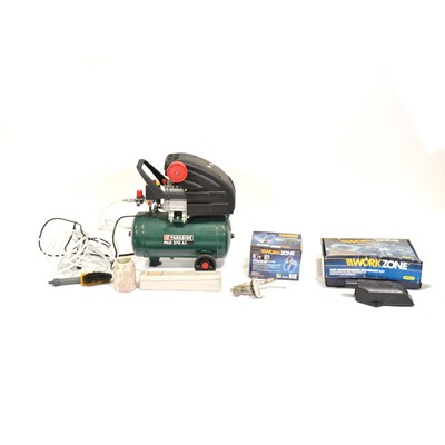 Lot 534 - Parkside compressor and various Workzone accessories.