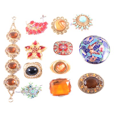 Lot 461 - A collection of costume jewellery brooches, bracelet, scarf rings and other items.